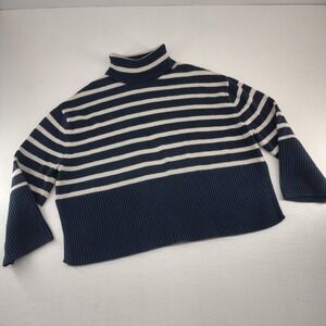 GAP Medium | Womens Navy White Striped Turtleneck Crop Knit Sweater Nautical